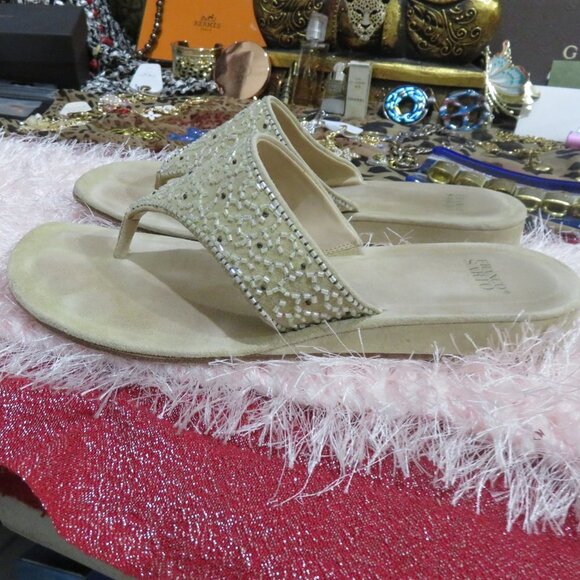 BOGO FRANCO SARTO NEHRU EMBELLISHED BEADED SAND TAN ITALIAN SUEDE THONG SANDALS - Picture 2 of 10